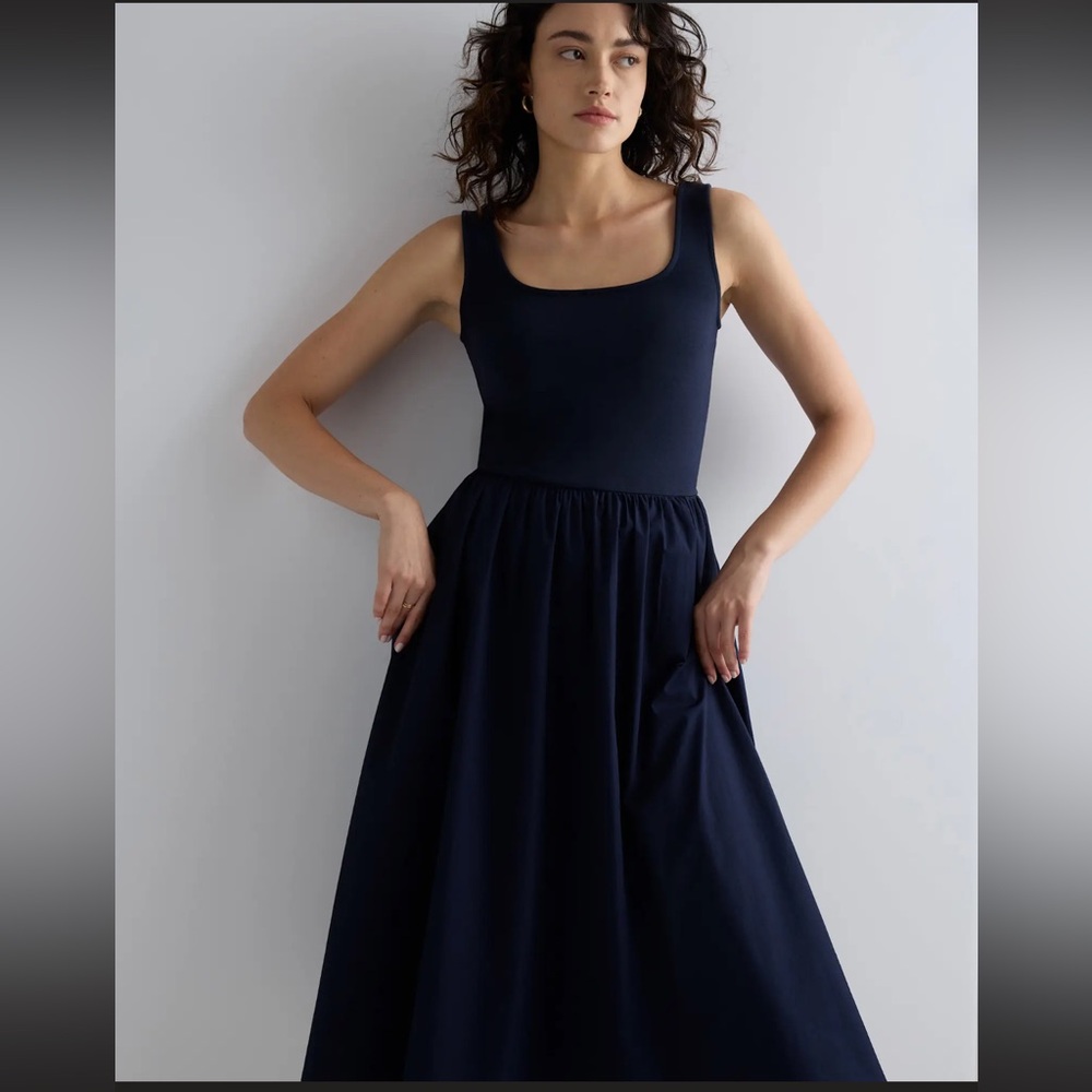 Quince NWT Cotton Mixed Media Tank Dress Navy